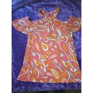 Michael Kors Pink & Orange Psychedelic Swirl Cold-Shoulder Flounce Top Medium